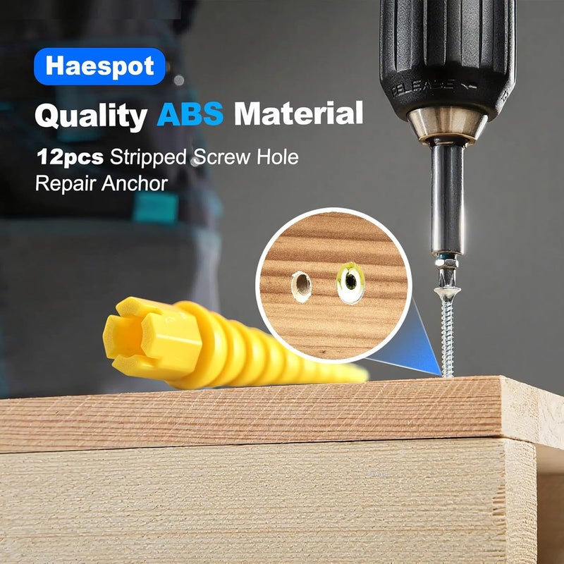 Haespot Yellow 12PCS Stripped Screw Hole Repair Anchor, Door Hinge Screw Hole Filler, Multi Use Wall Anchors, Fits Wood Screws Sizes #2 to #16 - Image 4